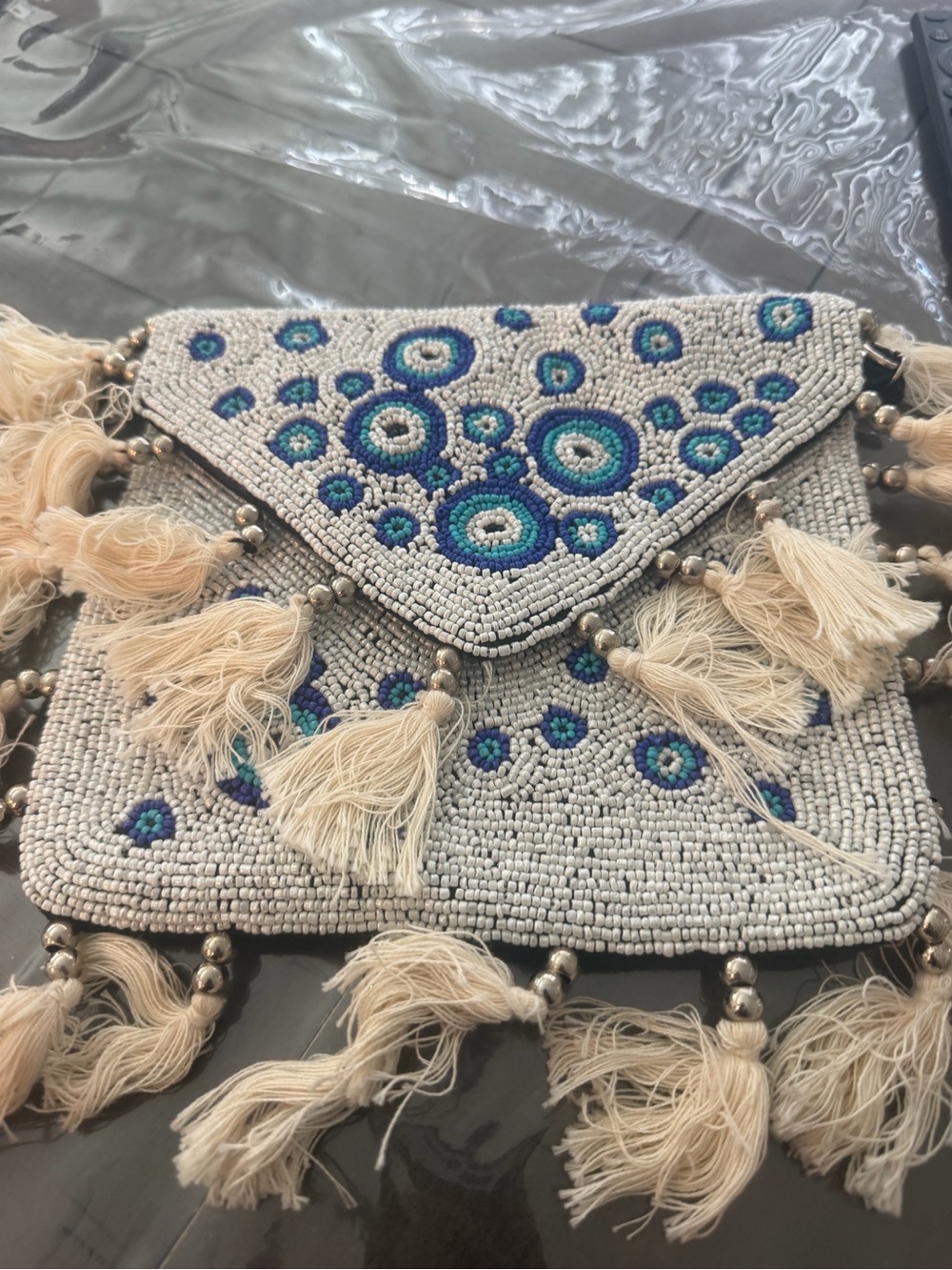 Beaded Tassel Envelope Clutch — Ivory with Blue Accents